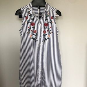 Terre Bleue Striped Embroidered Flower Sleeveless Shirt Dress Sz M